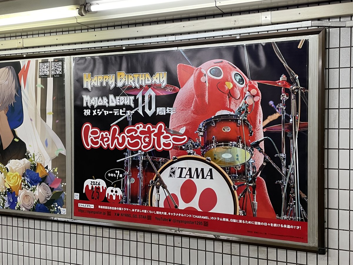 NyangoFriends's tweet photo. @NYANG_GO_STAR  
にゃんごさん、今年も７歳のお誕生日とメジャーデビュー10周年おめでとうございます🎉　これを祝して秋葉原駅と黒石駅にB0ポスターを、津軽新報さんに広告を出させていただきました。特別な1年を楽しんでくださいね❣️

#組長　#にゃんごすたー  #にゃんご大祝祭2026 https://t.co/xbE8QuecE3