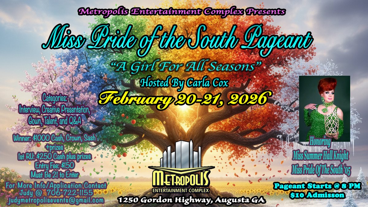 MetropolisAug's tweet image. Do you have what it takes to be the next Miss Pride of the South? Entry fee: $150. Win $1,000 cash plus 2 bookings at Edge Night Club, a booking at Augusta Pride, and a J&amp;amp;R Jewels set valued at $250.

Booking rooms now: 706-722-1155
metropoliscomplex.com/prideofthesout…