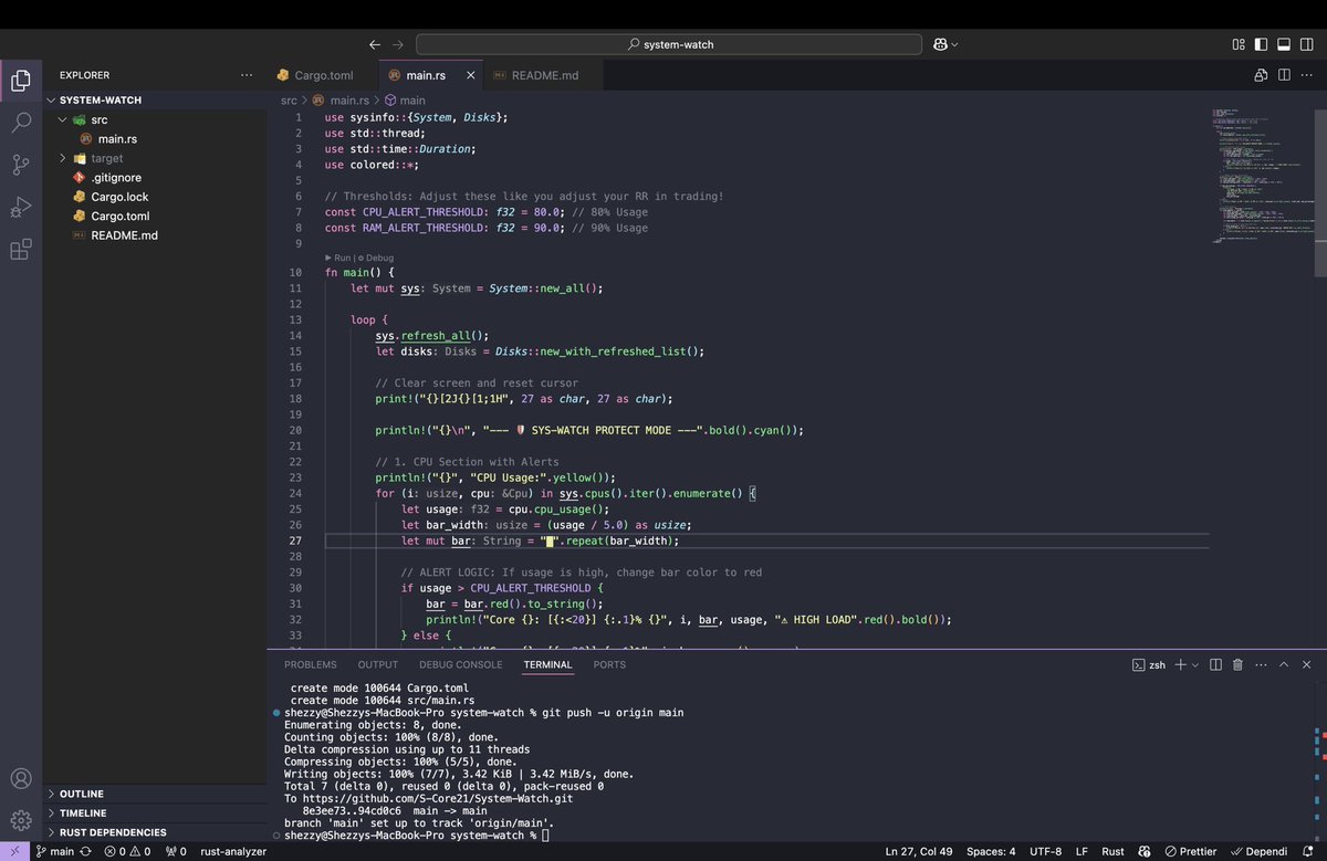 DevShezzy's tweet photo. Built a high-performance system monitor in #Rust that acts as a 24/7 "hardware check buddy."

it’s a proactive agent that can be used for Trading Safety: Triggering "kill-switches" if CPU lag threatens trade execution in context.  🦀🛡️

https://t.co/xhwjJzlWwX

#RustLang #DevOps https://t.co/wonlP7foTa