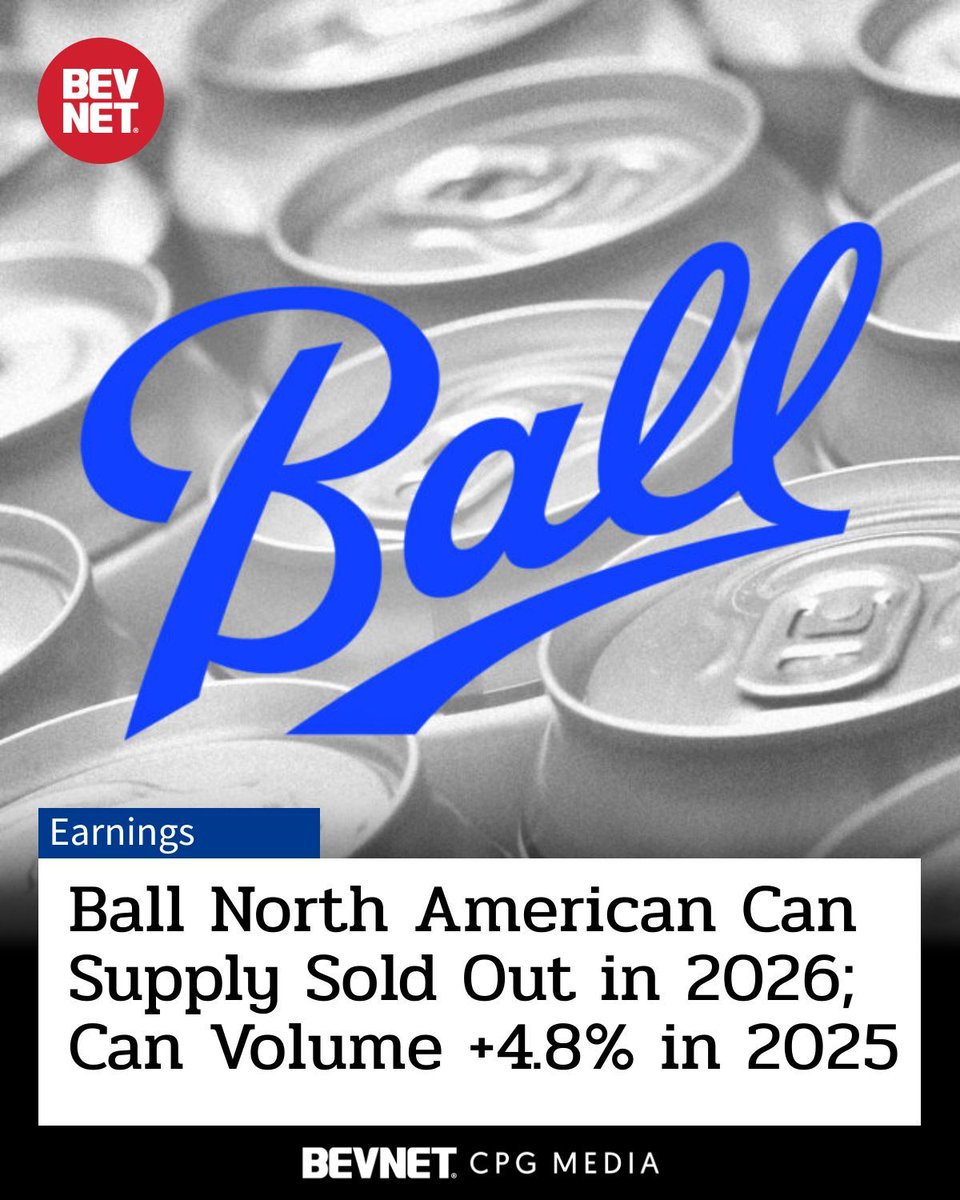BevNET's tweet image. Ball Corp says its North American aluminum can supply is essentially sold out in 2026 and well contracted into 2027+, as 2025 can volume rose 4.8%. Capacity constraints persist until Millersburg comes online. 🥫📈 #Packaging #Beverage bevnet.com/news/2026/ball…