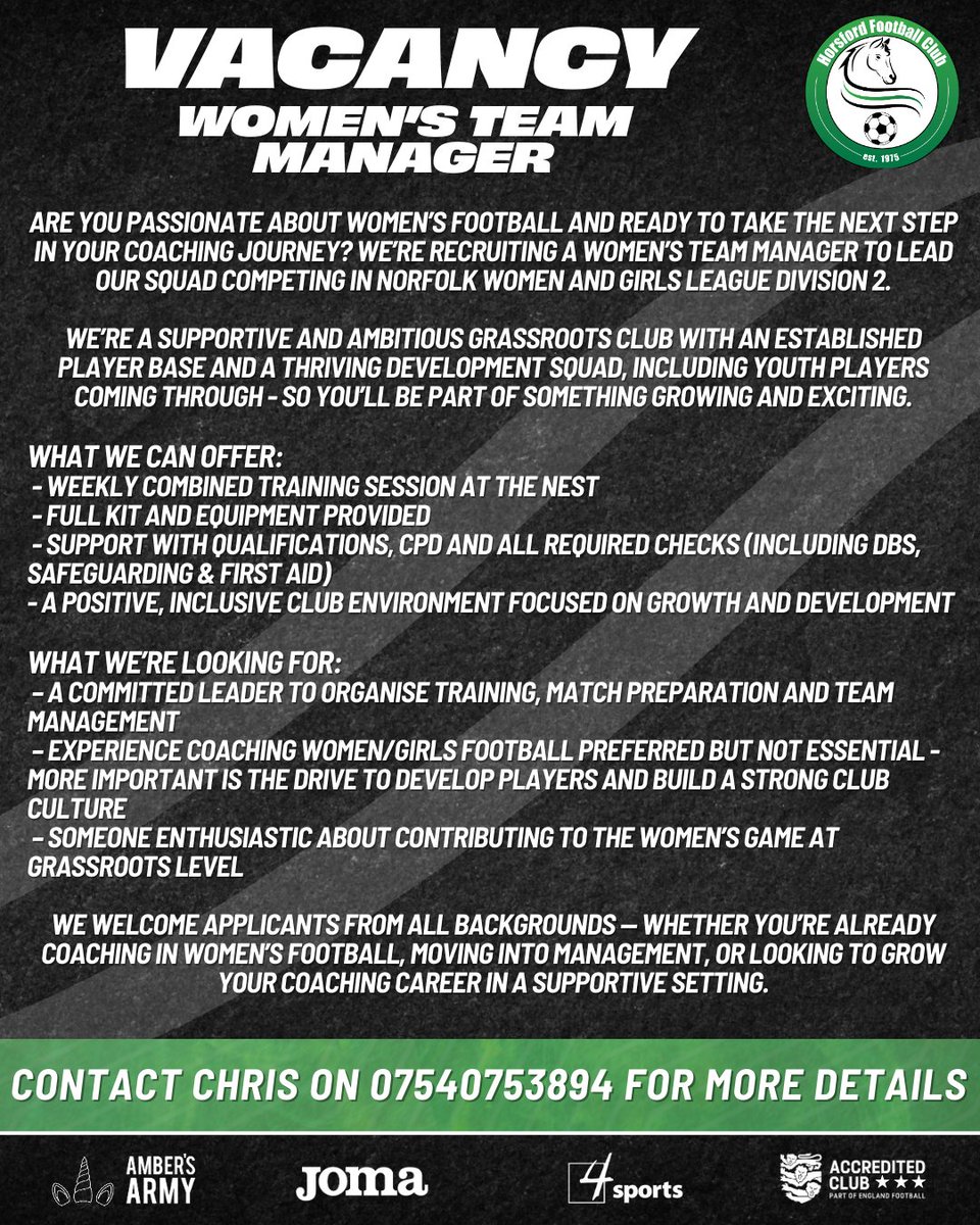 𝗩𝗮𝗰𝗮𝗻𝗰𝘆 - 𝗪𝗼𝗺𝗲𝗻'𝘀 𝗧𝗲𝗮𝗺 𝗠𝗮𝗻𝗮𝗴𝗲𝗿 ⚽️💚

Are you passionate about Women’s football and ready to take the next step in your coaching journey? We’re recruiting a Women’s team manager to lead our squad competing in Norfolk Women and Girls League Division 2.