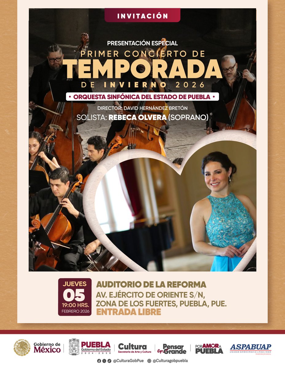 CulturaGobPue's tweet photo. El @Gob_Puebla invita a la presentación de la @OrquestaPuebla, con la participación de la soprano Rebeca Olvera.

📅 05 de febrero
🕖 19:00 hrs
📍 Auditorio de la Reforma
El recinto cuenta con opción de estacionamiento para mayor comodidad de las y los asistentes.
#PorAmorAPuebla https://t.co/TE4VO6NAqb