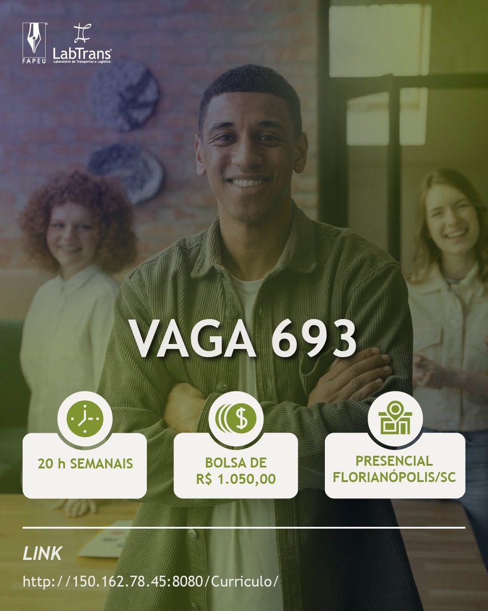LabtransUFSC's tweet image. 📢 Oportunidade aberta no LabTrans/UFSC!

Se você é estudante de Engenharia Sanitária, Engenharia Ambiental ou Geografia, chegou a hora de colocar seus conhecimentos em prática 💡

A VAGA 693 está com inscrições abertas e oferece uma bolsa de R$ 1.050,00 para carga horária de 20h…