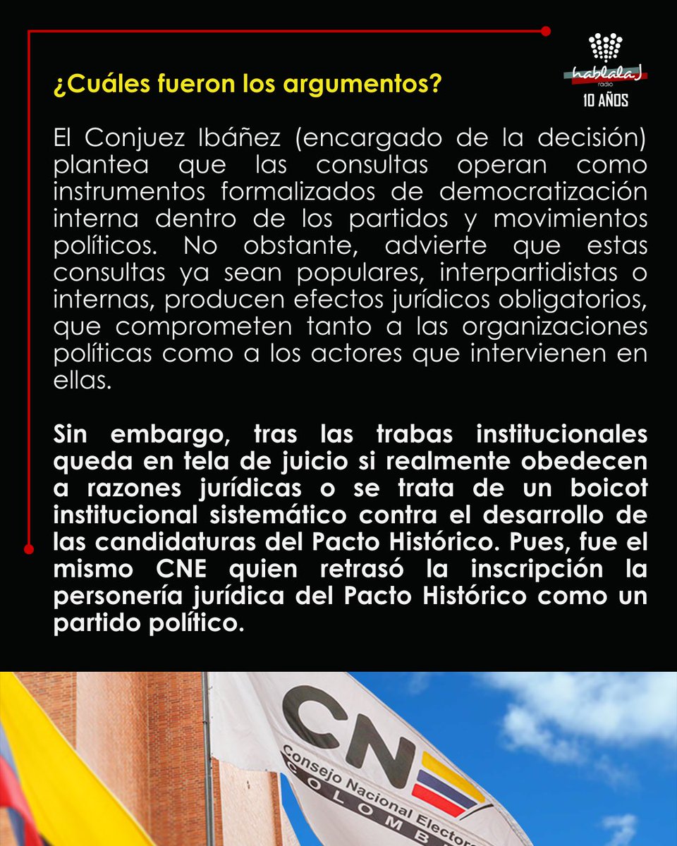 🚨El CNE niega la participación de Iván Cepeda en la consulta del 8 de marzo.

Luego de la decisión del conjuez Ibáñez, el CNE niega la participación de Iván Cepeda a la consulta del Frente por la Vida. Su argumentación se dirige a no diferenciar las consultas por su denominación