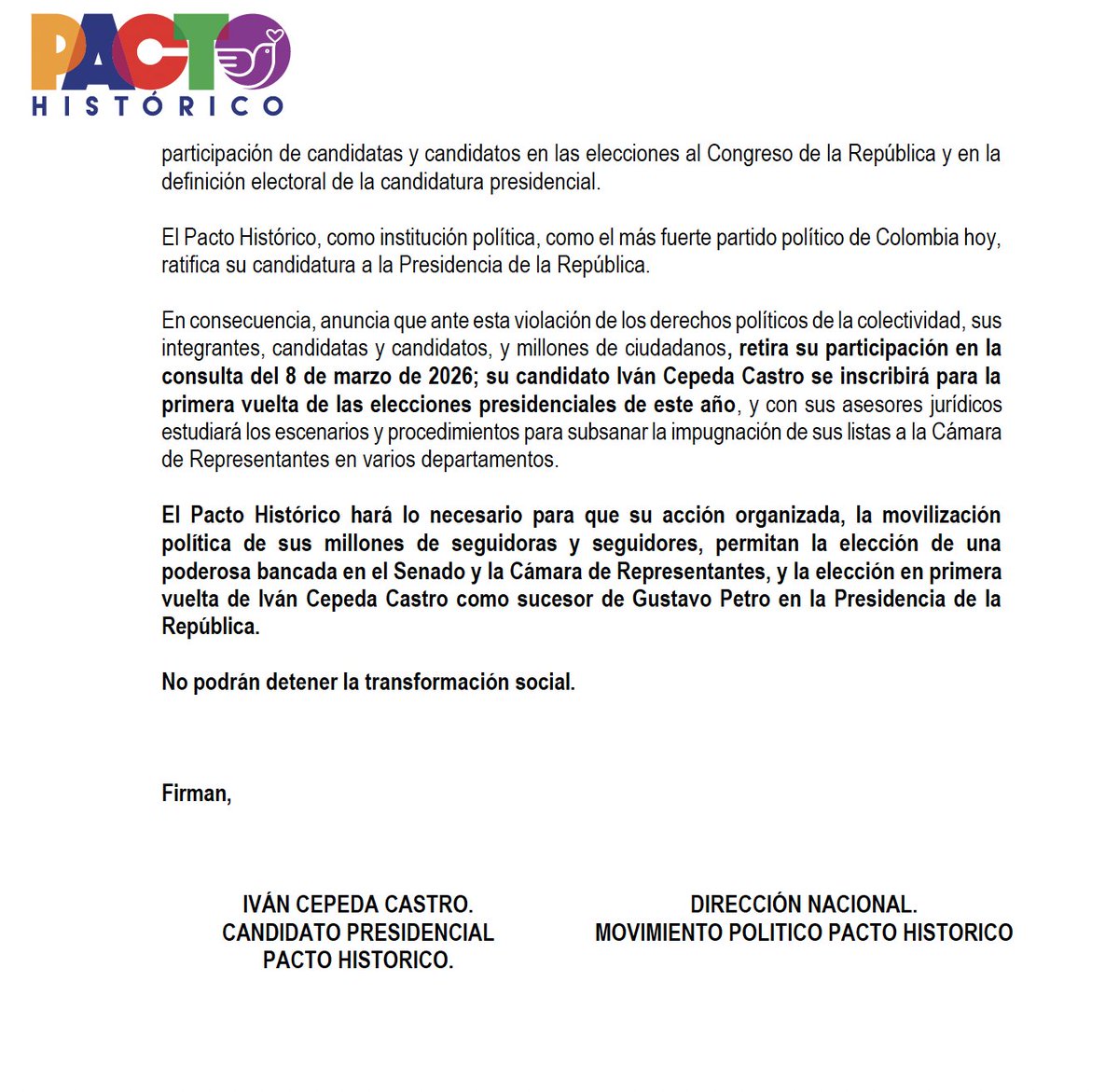 Como Pacto Histórico denunciamos las maniobras que buscan impedir la participación democrática de millones de personas. No aceptamos que se vulnere la voluntad popular: nos retiramos de la consulta del 8 de marzo e inscribiremos a <a href="/IvanCepedaCast/">Iván Cepeda Castro</a>  a la primera vuelta
