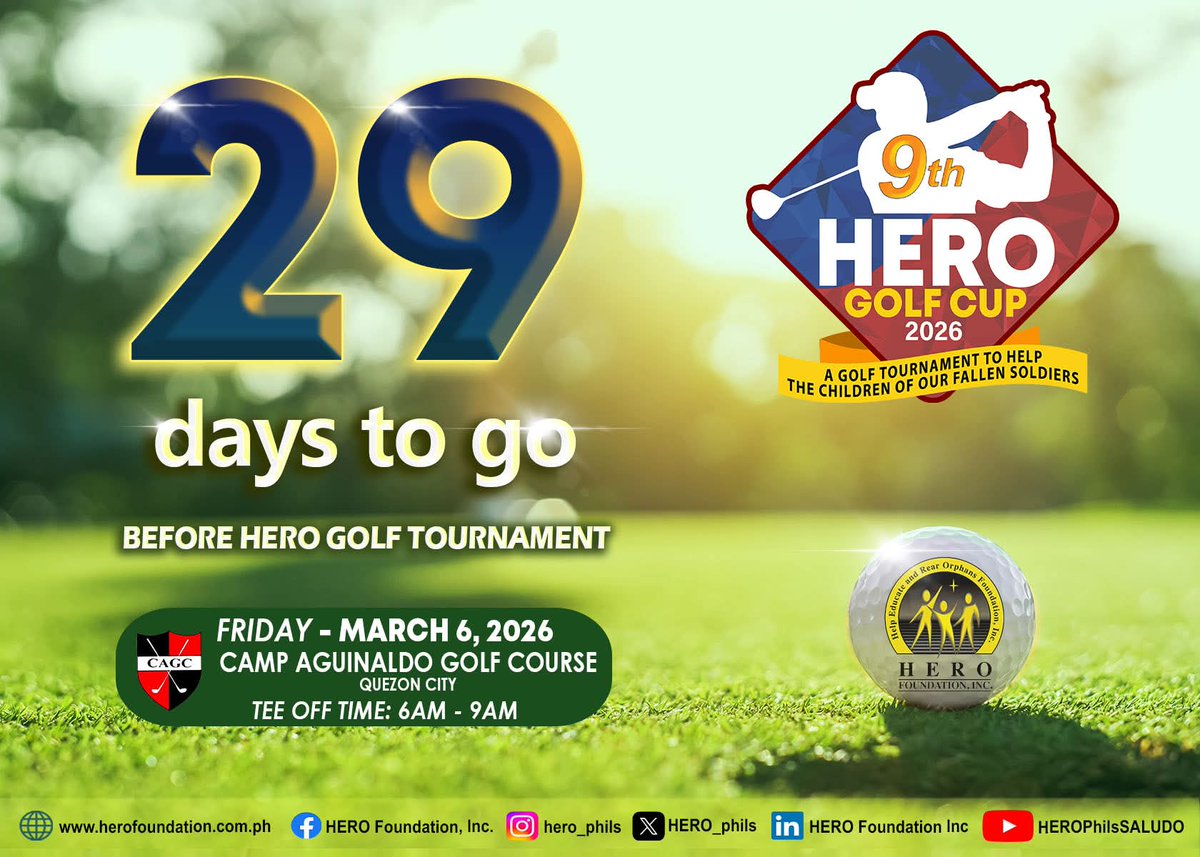 9th Hero Golf Cup 2026
March 6, 2026 - Friday

Ticket are now available!
Price: P3,500 (Inclusive of Green Fee + Registration Fee, Caddy, Lunch and Raffle)
Contact: Ms. Camille Cataluña at
(02) 8912 0361 / 0915 6270780 
or email info@herofoundation.com.ph 
#HeroGolfCup2026 #golf