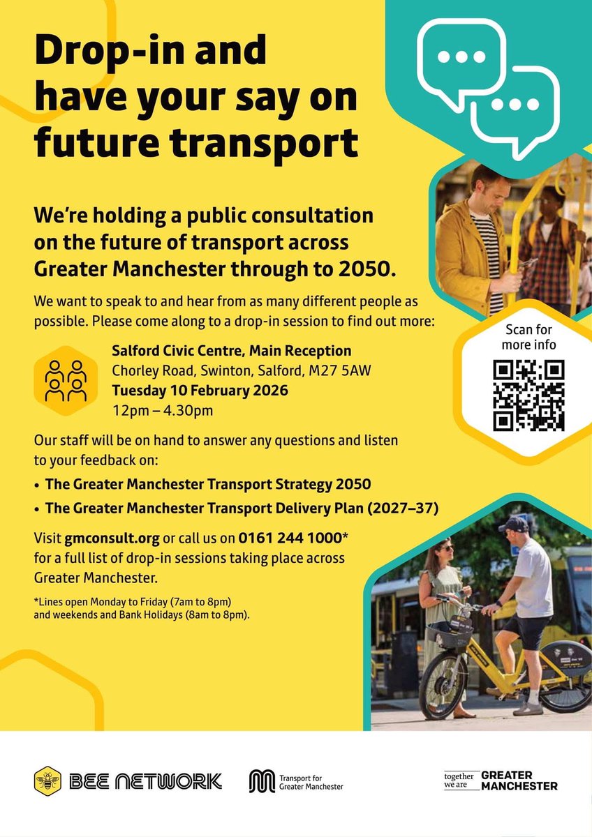 Greater Manchester is leading the way in creating a transport system that helps people live better lives, supports local communities and powers the economy. A drop-in event is being held on 10 February between 12pm – 4:30pm at Salford Civic Centre, Chorley Road, Swinton,M27 5AW.