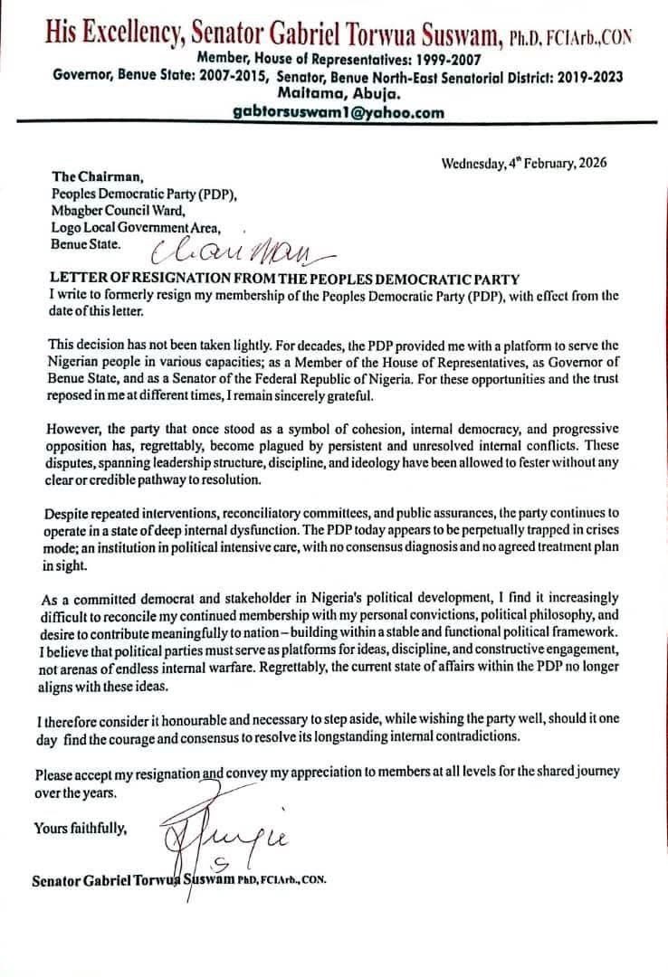 rashheed01's tweet photo. BREAKING: Gabriel Suswam, the former governor of Benue State, has announced his resignation from the PDP. https://t.co/243XDf8olS