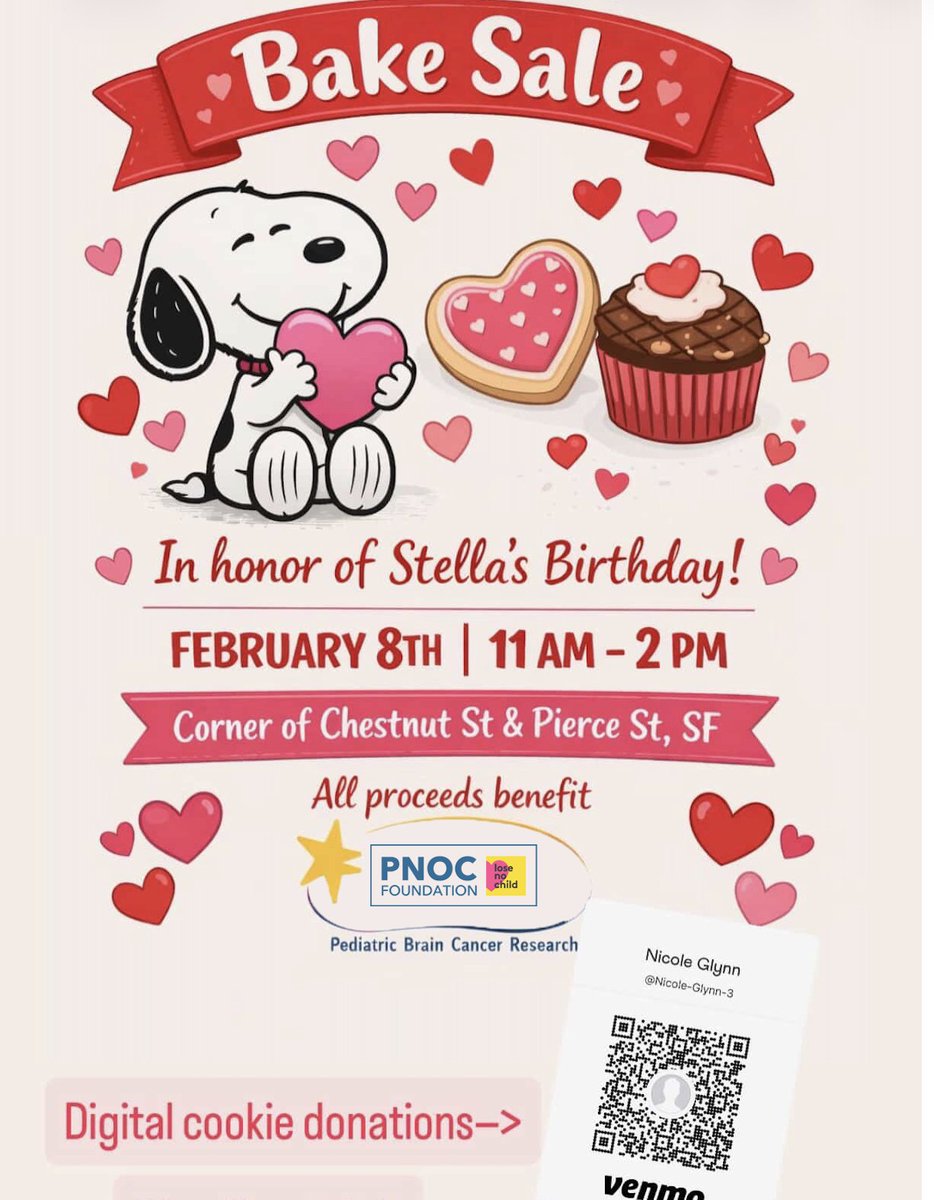 PNOCFoundation's tweet photo. If you are in #sanfranciso Feb 8 Stella’s community will honor her memory with a bake sale to raise funds for pediatric brain cancer research. All proceeds benefit @PNOC_kids @PNOCFoundation &amp; generously matched! #chestnutstreet &amp; #piercestreet https://t.co/Nu8m1pfPfX