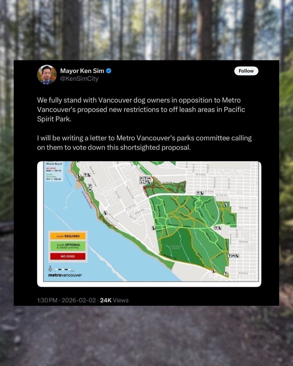 VancityV's tweet photo. New Dog Rules at Pacific Spirit Park are sparking major pushback. 

A petition is growing as Metro Vancouver considers changes that would reduce and fragment off-leash trail access in Pacific Spirit Regional Park 

📌 Petition link: https://t.co/VGtoKmQqg3 https://t.co/nnFhZBFgWY