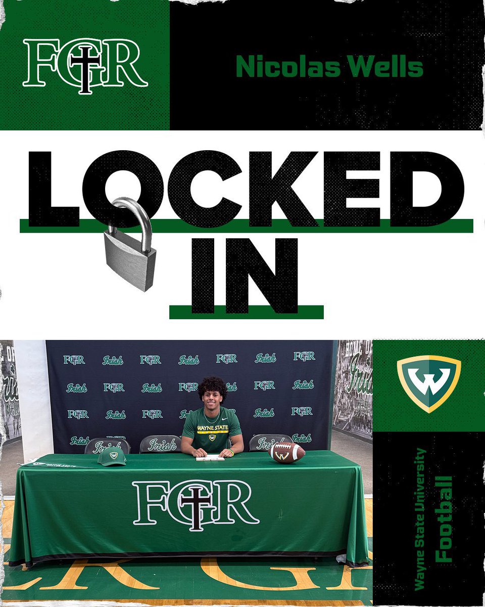 FGRathletics's tweet photo. Congratulations to FGR senior Nic Wells on his commitment today! Nicolas will continue his academic and athletic career at Wayne State University where he will play football. Go Irish! ☘️ Go Warriors! @NicWells24 @Coach__Robinson https://t.co/M2TxtjZkNT