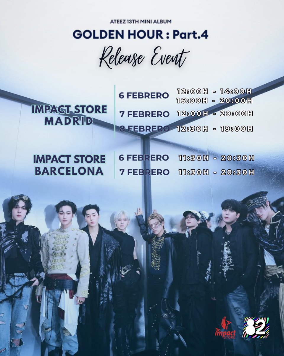 ¡ATEEZ - #GOLDENHOUR_Part4 release event en Madrid y Barcelona!

Durante el 6 y 8 de febrero podrás celebrar el nuevo comeback de ATEEZ en la Impact Store y <a href="/hello82EUROPE/">hello82 EUROPE</a>
Revisa el horario y sus redes sociales para más información.

#ATEEZ #GOLDENHOUR_Part4