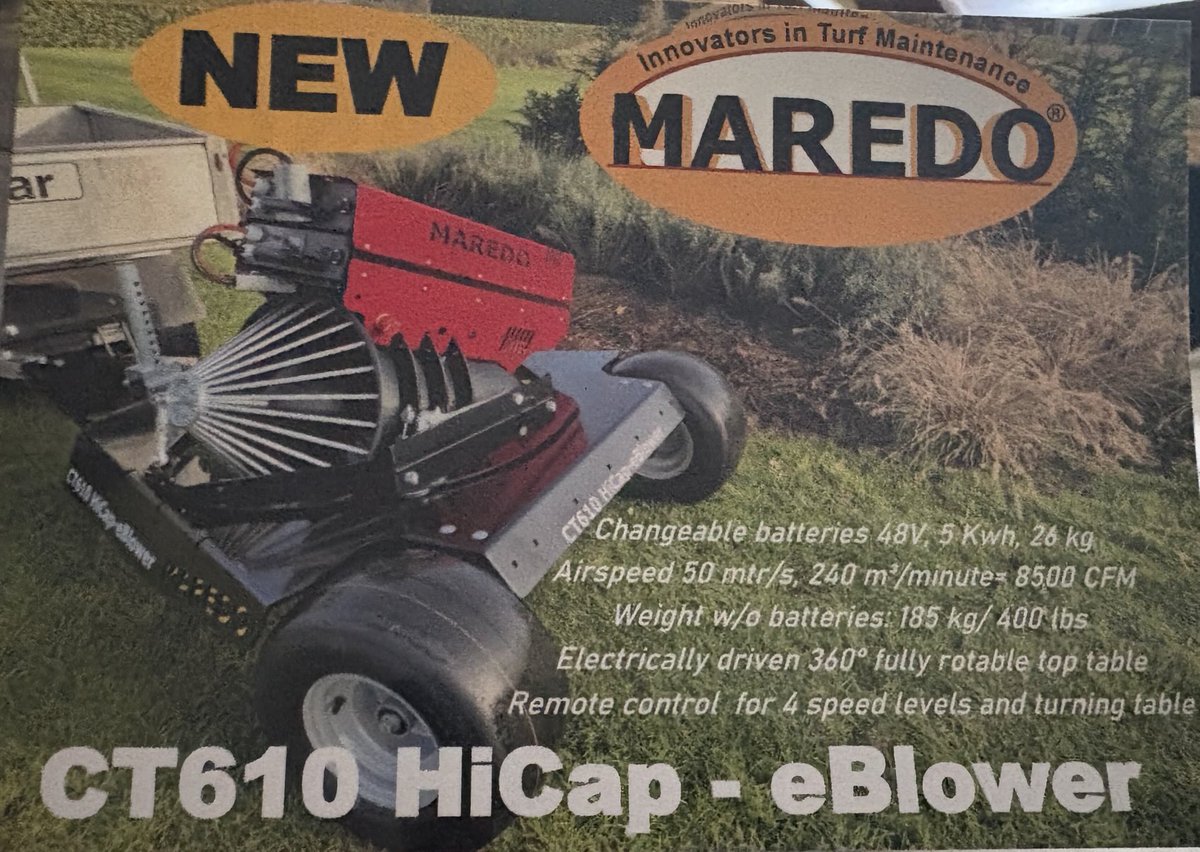 tonygus14's tweet photo. Coming soon to ⁦@LawnandGolf⁩ the new Maredo lithium pull behind blower. Check it out at the 2026 GCSAA conference in Orlando. https://t.co/yBYXRNP6dp