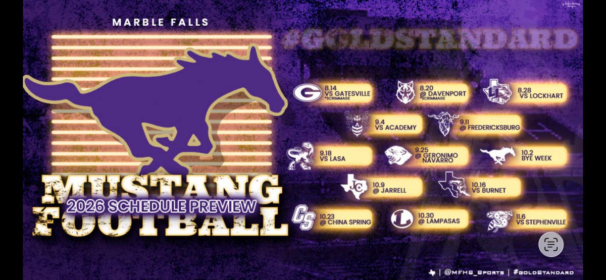 fierrojennifer's tweet photo. .@marblefallsisd @MFHS_Sports @MFTX_FB releases 2026 schedule!!! 
https://t.co/XBr0EXW3s5

#GoGetEmMustangs #GoldStandard #NoDoubt #Mustangs #LadyMustangs #TheBroadPodcaster #TexasChalkTalk #marblefallstx #burnetcountytx #highlandlakestx #hillcountrysports #UIL #uilrealignment https://t.co/NhB4II5p4G