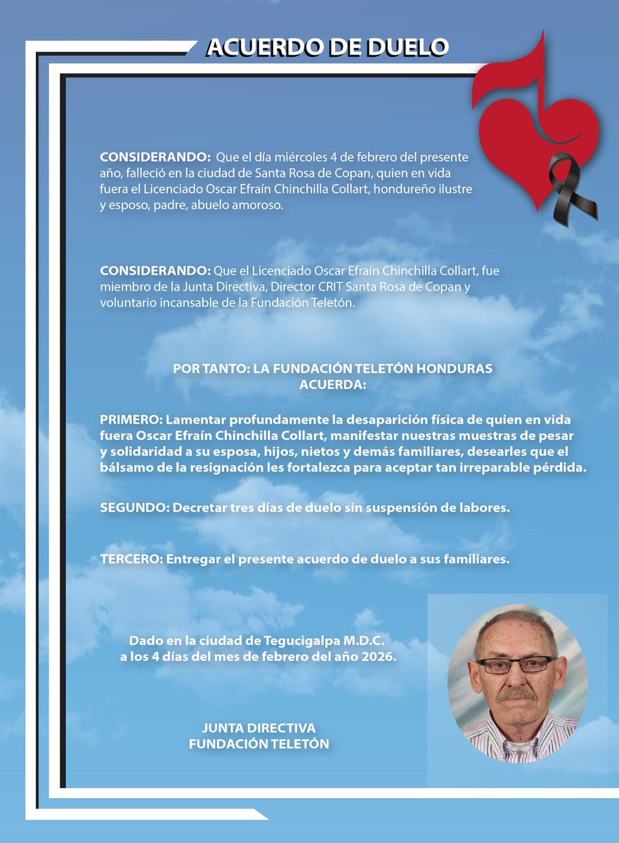 teletonhn_'s tweet photo. Lamentamos profundamente el fallecimiento del Director del CRIT Santa Rosa de Copán Oscar Chinchilla.

Agradecemos su vida de servicio y compromiso con la misión de la Fundación Teletón.

Nuestras oraciones y solidaridad para su familia y seres queridos.

Paz a su memoria. https://t.co/VUgB9UJZsd
