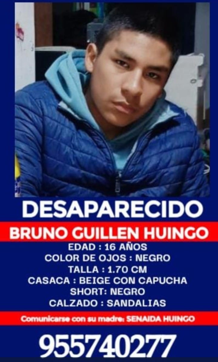 PoliciaPeru's tweet photo. 🆘 URGENTE 🚨 | Si conoces el paradero de Bruno Mathias Guillen Huingo, edad 16 años, repórtalo a la comisaría más cercana o llama a la Línea 114 de la @PoliciaPeru, División de Investigación y Búsqueda de Personas Desaparecidas.
📢 #DesaparecidosEnPerú
📣#SúmateALaBúsqueda https://t.co/fT0zitdW9V