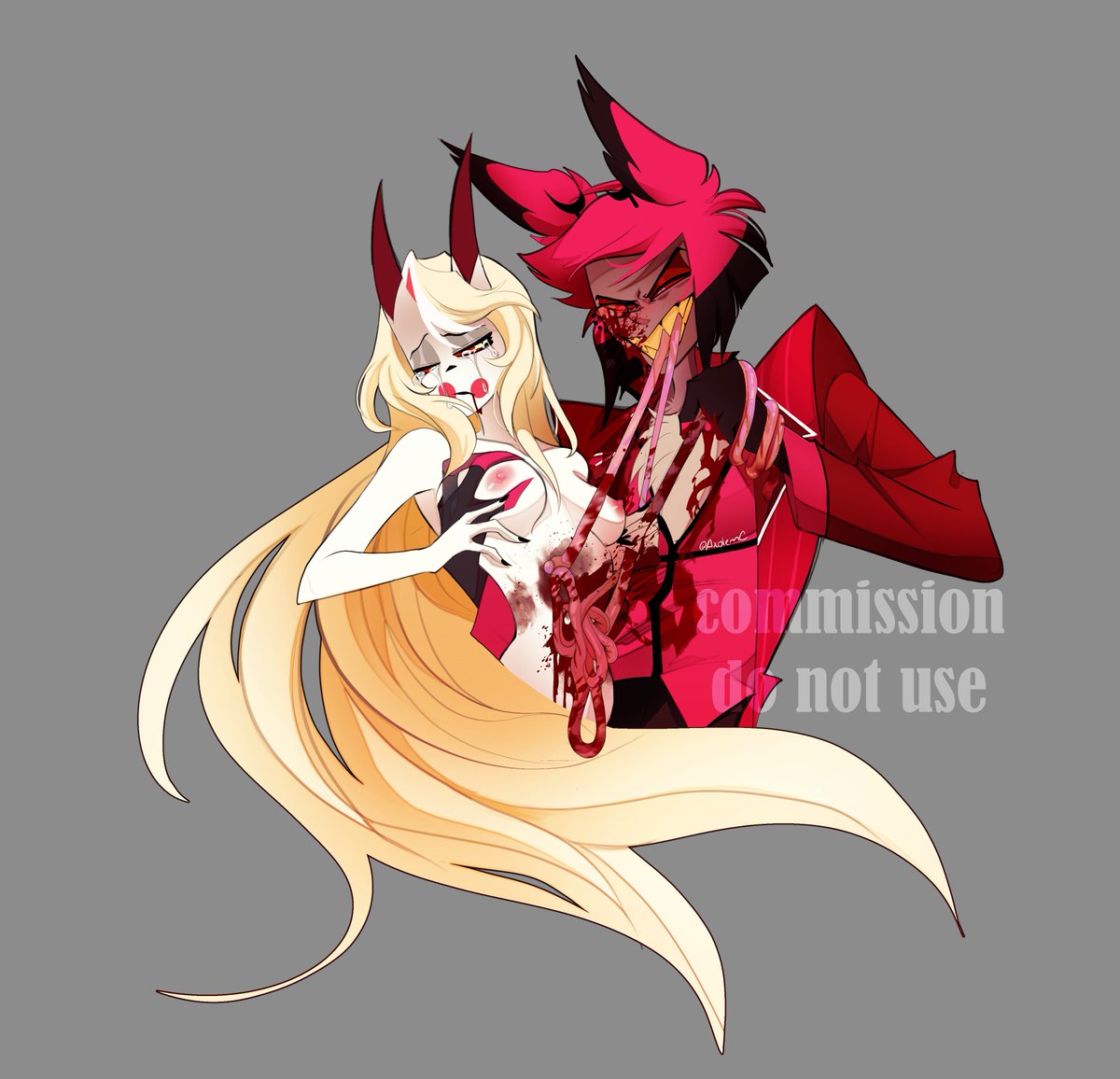 AxolemC's tweet photo. "I want to have a date with Alastor, it would be so cute, such a gentleman" 

Alastor at the end of the damn date. 

I want to thank @damukoz for commissioning my first chalastor ahhh! I loved making this. 

#AlastorHazbinHotel #chalastor #CharlieMorningstar https://t.co/ca8XLbPZn5