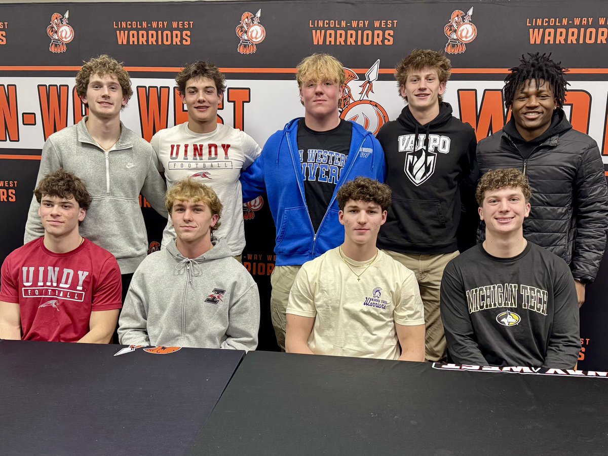 LWWAthletics's tweet photo. 🏈 Congrats to our football athletes committed to competing at the collegiate level! 

Luke Gouty – Valparaiso
Zach Hermanson – UIndy
Elijah James – Michigan Tech
Reilly Kliros – Iowa Western
Jackson Mansker – UIndy
Grant Tustin – Winona State
Noah Wendt – UIndy

@LWWestWarriorFB https://t.co/2Xuy6FHQxk