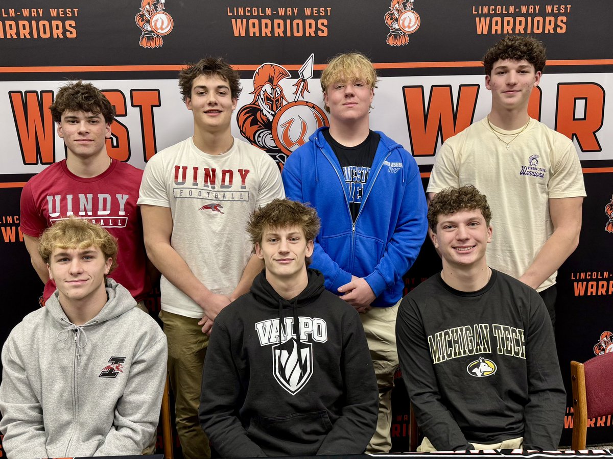 LWWAthletics's tweet photo. 🏈 Congrats to our football athletes committed to competing at the collegiate level! 

Luke Gouty – Valparaiso
Zach Hermanson – UIndy
Elijah James – Michigan Tech
Reilly Kliros – Iowa Western
Jackson Mansker – UIndy
Grant Tustin – Winona State
Noah Wendt – UIndy

@LWWestWarriorFB https://t.co/2Xuy6FHQxk