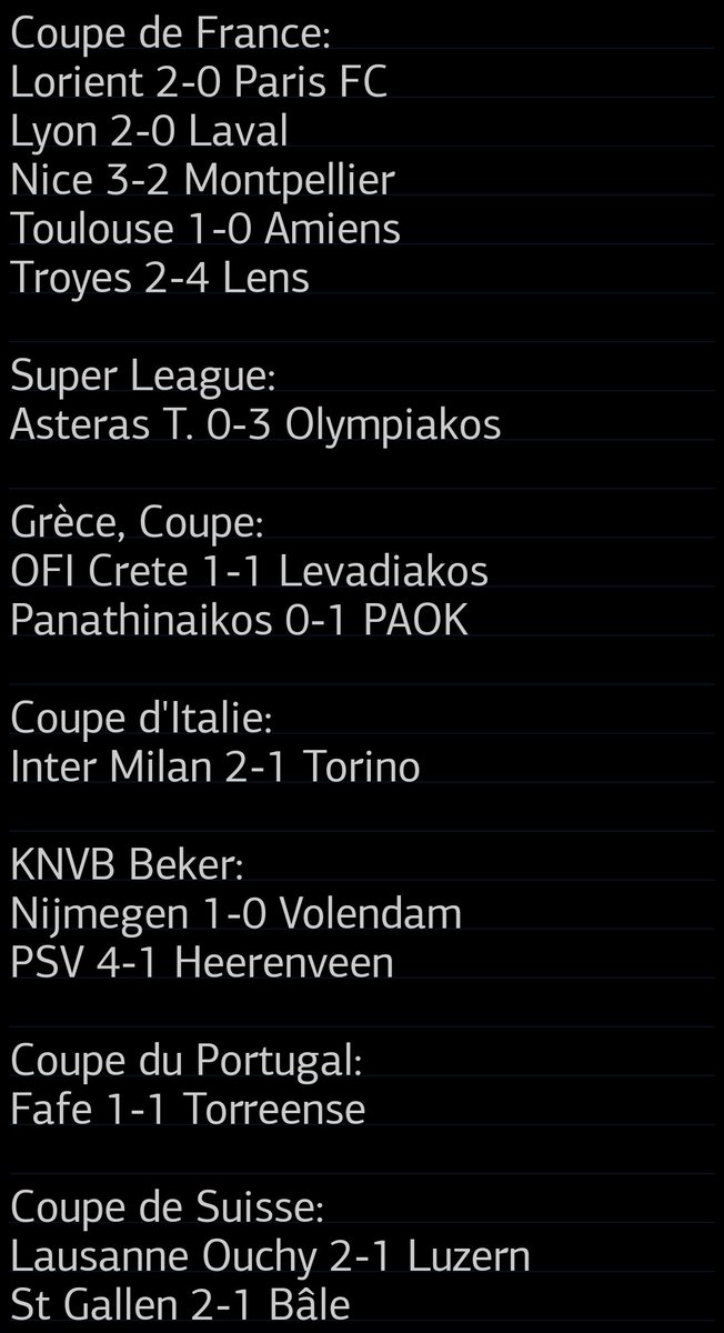 TrisInfoFoot's tweet photo. Les résultats foot de ce Mercredi 04 février: #CoupedeFrance #OLSL #TFCASC #OGCNMHSC #FCLPFC #DFBPokal #ESTACRCL #EFLCup #MCINEW #InterTorino #CoppaItaliaFrecciarossa #CopadelReyMAPFRE #ALARSO https://t.co/OdtoOVv7P6