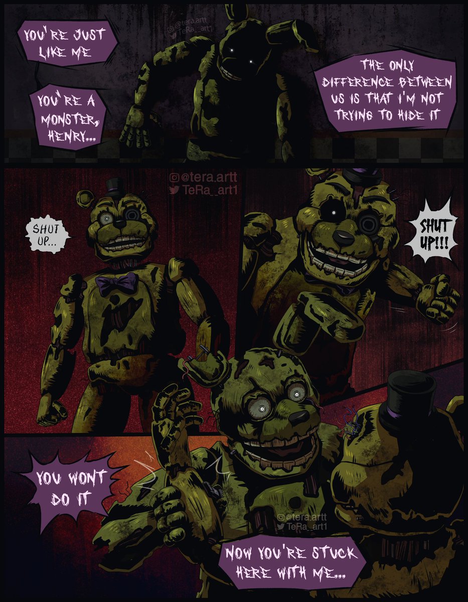 In this AU Henry is stuck in Springlock Fredbear suit just like Afton. They hate each other for everything that happened but Henry is also guilty #fnaffanart #FiveNightsAtFreeddys #fnaf (repost)