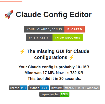 tom_doerr's tweet photo. GUI to manage Claude configuration files

https://t.co/2caI5dnskq https://t.co/f0hqIbokya