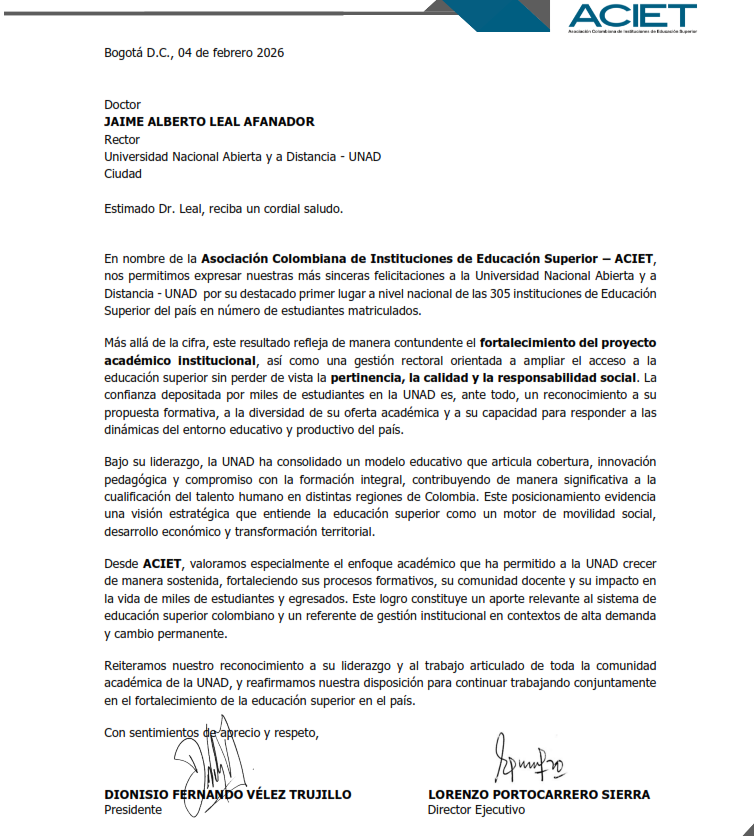 Recibo, en nombre de toda la familia <a href="/UniversidadUNAD/">Universidad UNAD</a> el reconocimiento que nos hace <a href="/AcietOficial/">ACIET</a> por nuestros logros y aportes a la educación superior del país