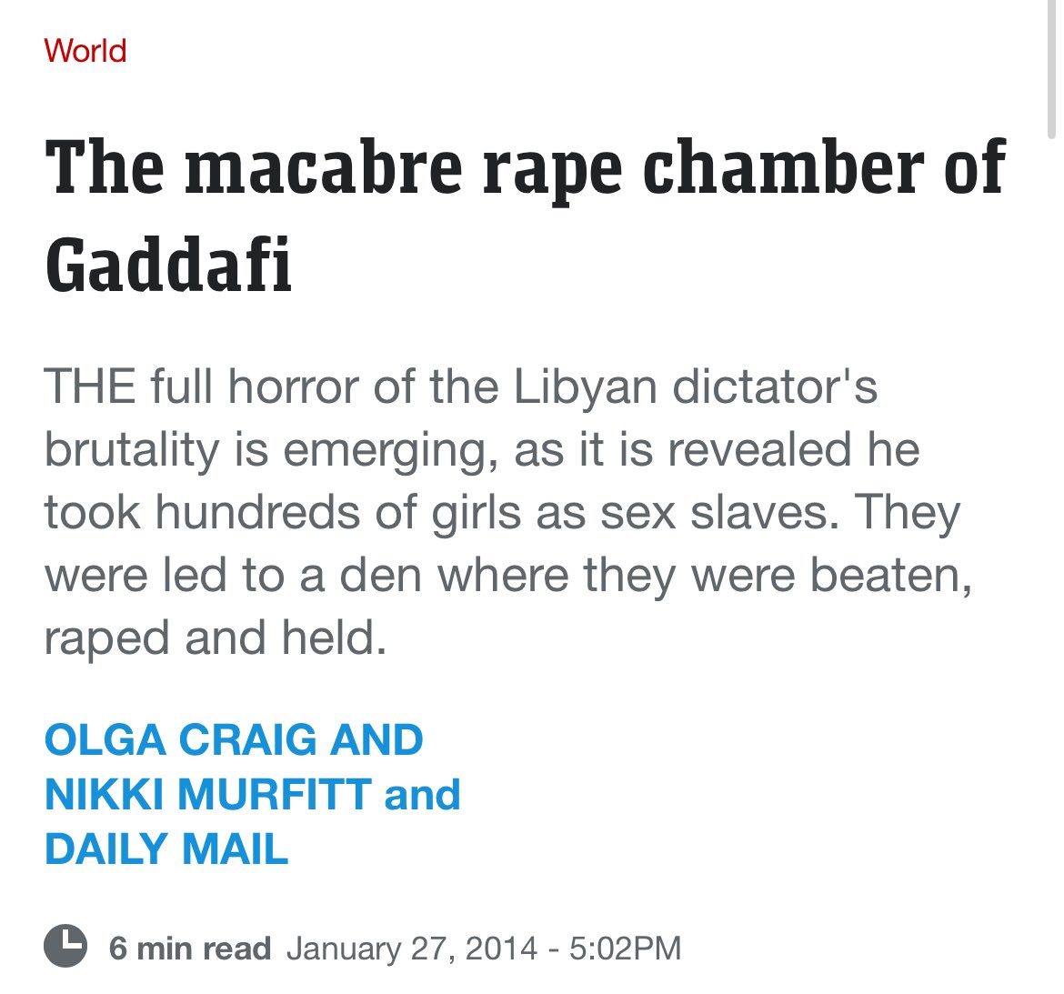 CatShoshanna's tweet image. Muammar Gaddafi had specially designed rape rooms set up for his teenage victims. He would have them tested for STDs prior to raping  &amp;amp; torturing them. Some of these girls were kept captive as sex slaves for years. Others were murdered. I wonder if he gave them a complimentary…