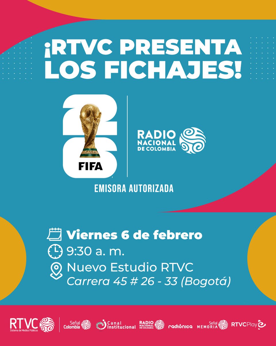 #OrgulloRTVC ⚽🎙️ Este viernes 6 de febrero, RTVC hará la presentación oficial de los fichajes del equipo deportivo de Radio Nacional de Colombia, emisora autorizada de la Copa Mundial de la FIFA 2026.

¡El fútbol también se vive en los medios públicos! 📻