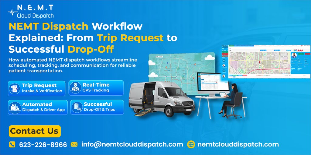 🚑 NEMT Dispatch Workflow Explained
From trip request ➝ on-time pickup ➝ safe drop-off.
A smart dispatch workflow improves efficiency, compliance &amp; patient experience.
📖 Full guide:
 nemtclouddispatch.com/blog/nemt-disp…
🚀 Book a demo:
 nemtclouddispatch.com/schedule-demo/
#NEMTDispatch #HealthcareTech