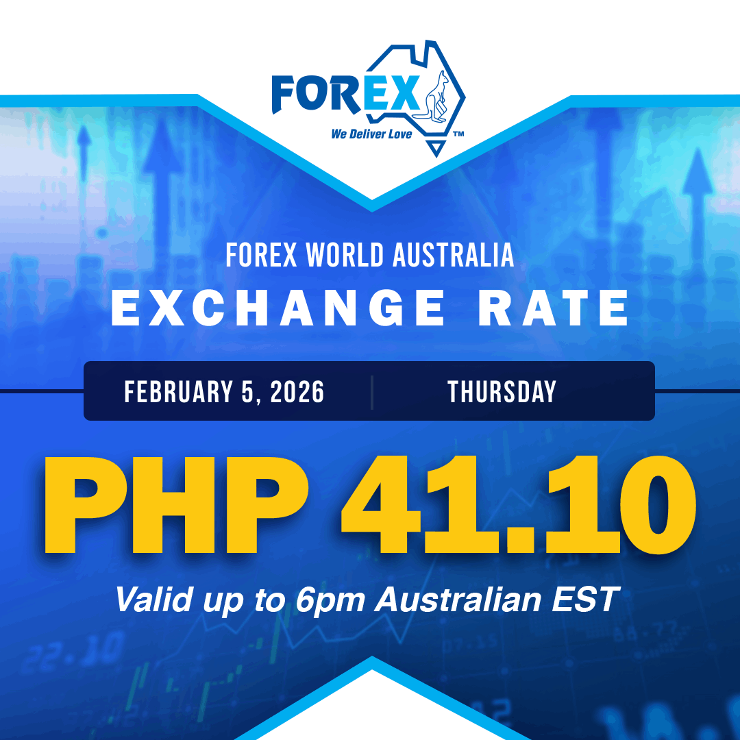 Forex World Australia Exchange Rate February 5, 2026 (Thursday) is PHP 41.10 valid up to 6pm Australian EST.
tinyurl.com/3jcpcs5f