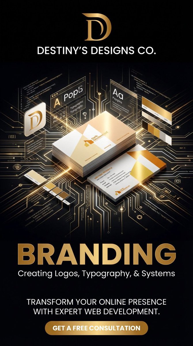 Your Brand is Your First Impression. Make It Count.

A strong brand identity is essential in today's competitive market. At Destiny's Designs, we create comprehensive branding solutions that position your business for success.

destinydesign.co

#BrandDesign #LogoDesign