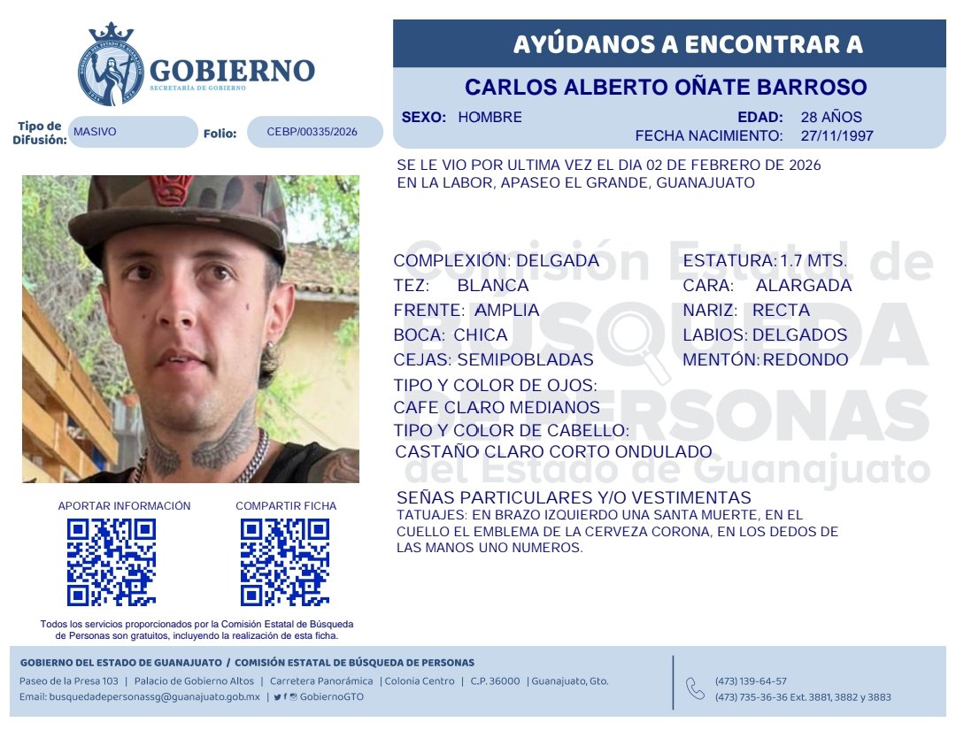 🔍👤 ¿Lo has visto?
Tu apoyo puede marcar la diferencia. 
Si tienes algún dato que ayude a localizar a Carlos Alberto Oñate Barroso, compártelo con nosotros. Cada información suma. 
📞 473 735 3636 ext. 3881 | 473 139 6457.
#BúsquedasGto 🚨