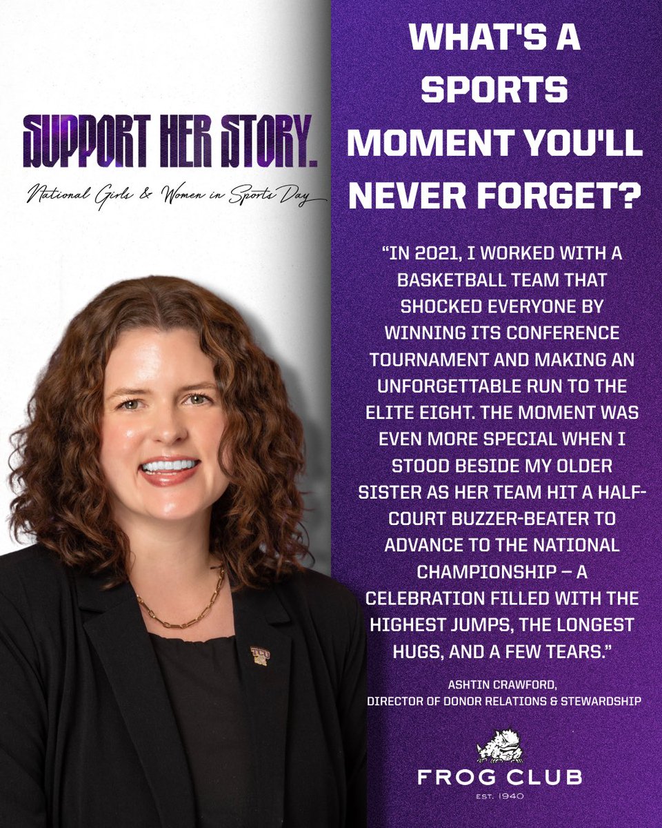 TCUFrogClub's tweet photo. Celebrate and give a big shout out to one of our favorite humans, Director of Donor Relations &amp; Stewardship, @AshtinCrawford!

#NGWSD #SupportHerStory #GameChangeHER https://t.co/Vd1wvKvlA5