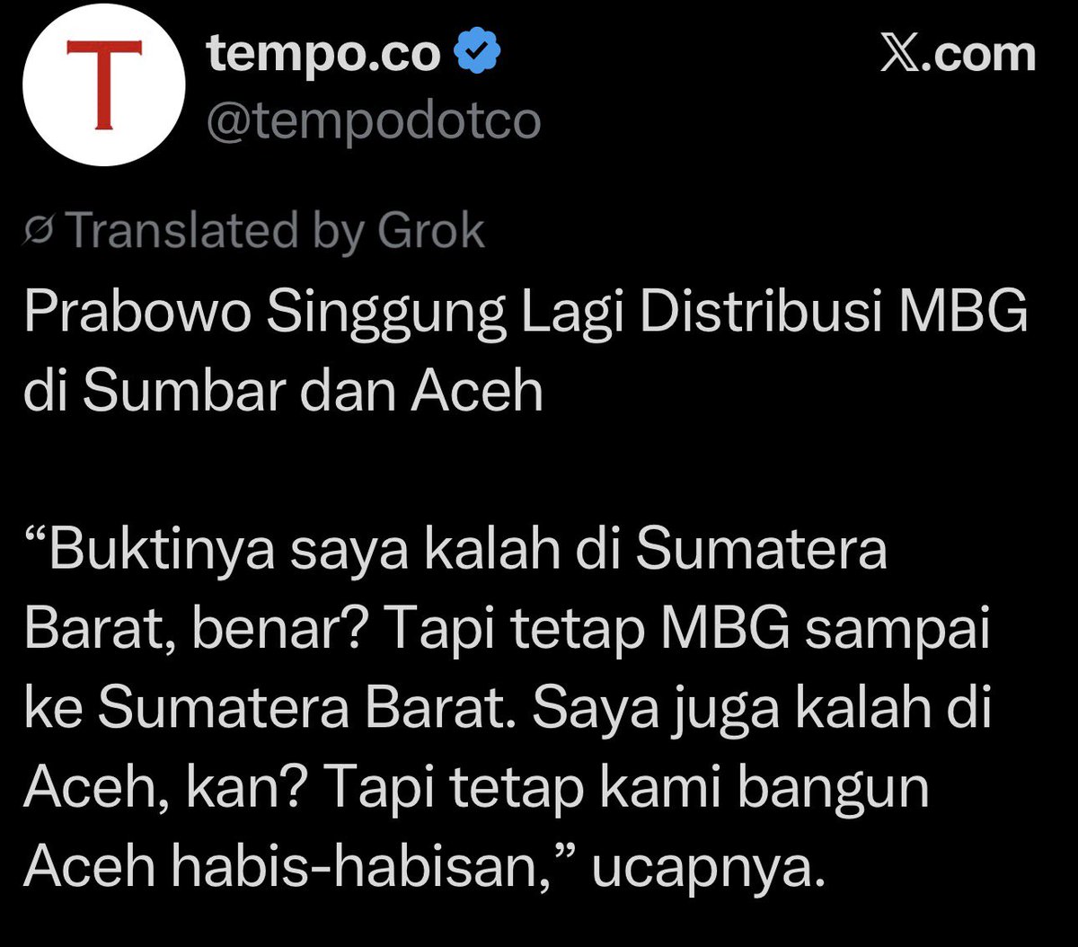 Dear Mr.Presiden <a href="/prabowo/">Prabowo Subianto</a>! 

Rakyat Aceh &amp; Sumatera Barat tidak serta merta STOP MEMBAYAR PAJAK pada saat anda terpilih, meskipun berbeda dengan sebagian besar pilihan rakyat disana. 

So narasi anda ini SALAH!! 

Pembangunan daerah &amp; kesejahteraan hidup adalah KEWAJIBAN yang