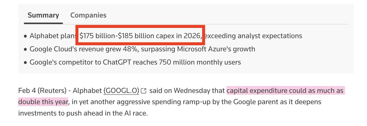 $GOOGL reported earnings and their CapEX spend was enormous.

$175-$185 Billion vs. $120 Billion.

This is bullish for AI buildout. 

Follow the money flow down to:

- $AVGO, Mediatek, $TSM (design / foundry)
- Sk hynix, Samsung, $MU, $SNDK (memory)
- $ANET, $LITE, $COHR, $VRT