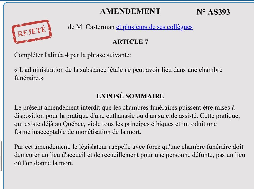 clairefourcade3's tweet photo. " L'injection de la substance létale ne peut avoir lieu dans une chambre funéraire." Rejeté. Par des députés de gauche.
Et si l'idée de cet amendement vous paraissait loufoque, c'est que ça se fait déjà au Canada... https://t.co/oZtmAu07kQ
