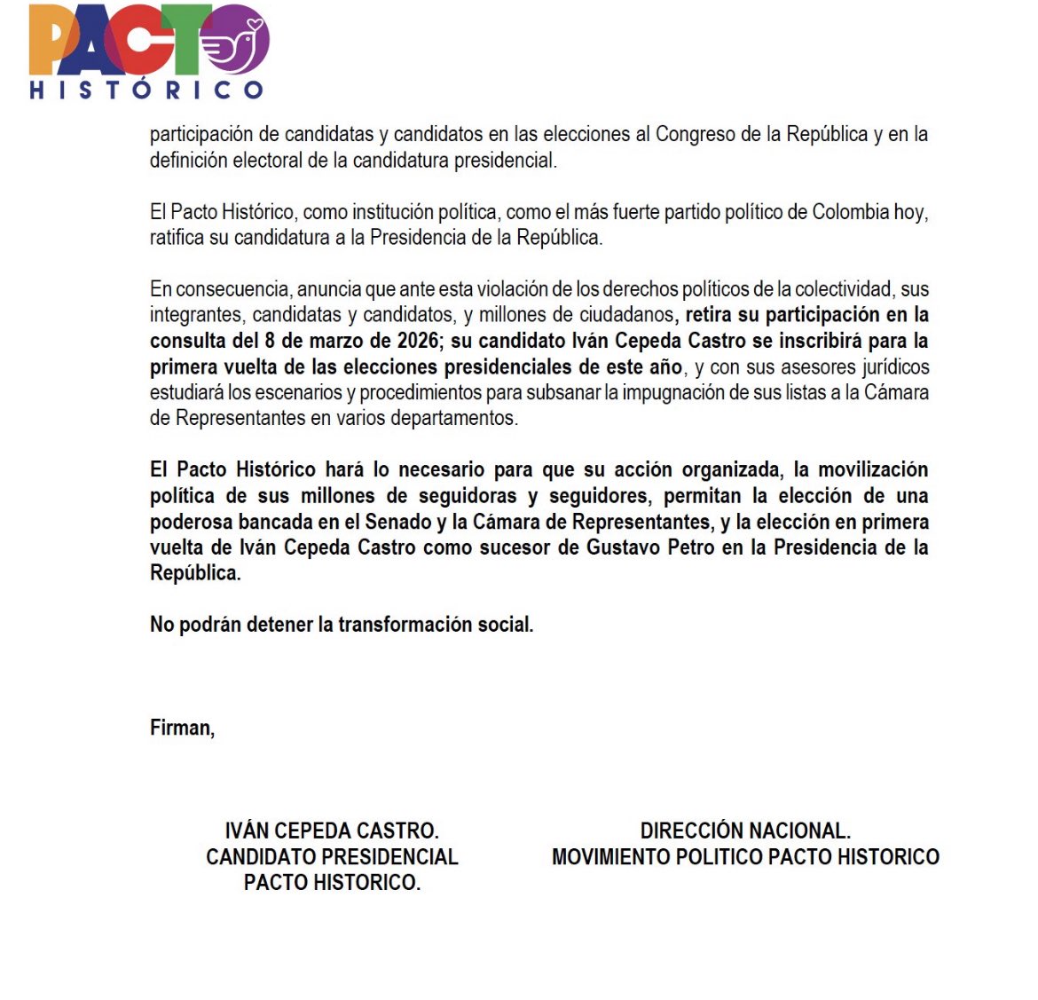 #OFICIAL | No podrán detener la transformación social.

Tendremos una bancada fuerte en el Senado y la Cámara e <a href="/IvanCepedaCast/">Iván Cepeda Castro</a> ganará la Presidencia en primera vuelta. 

Vamos a darle continuidad al proyecto de transformación que inició el gobierno de <a href="/petrogustavo/">Gustavo Petro</a>.