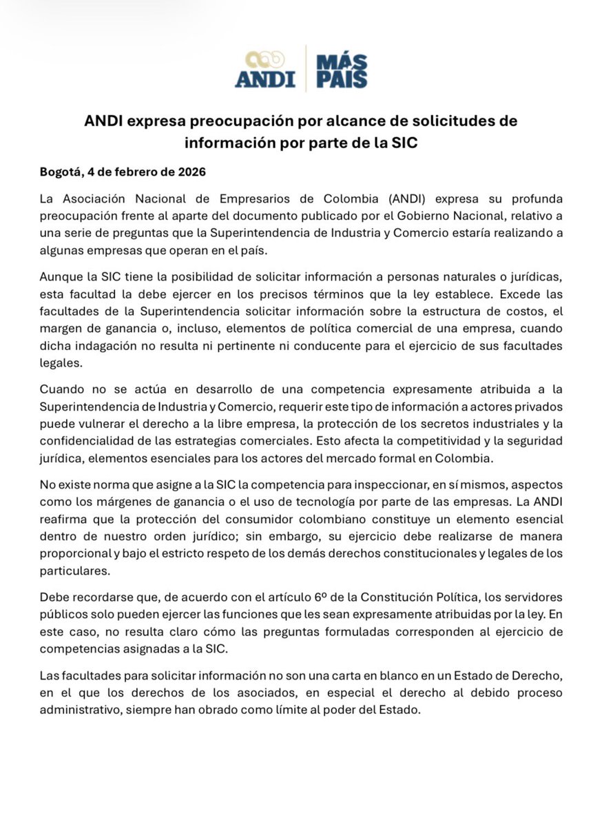 La ANDI expresa preocupación por alcance de solicitudes de información por parte de la SIC.
#MásPaísANDI