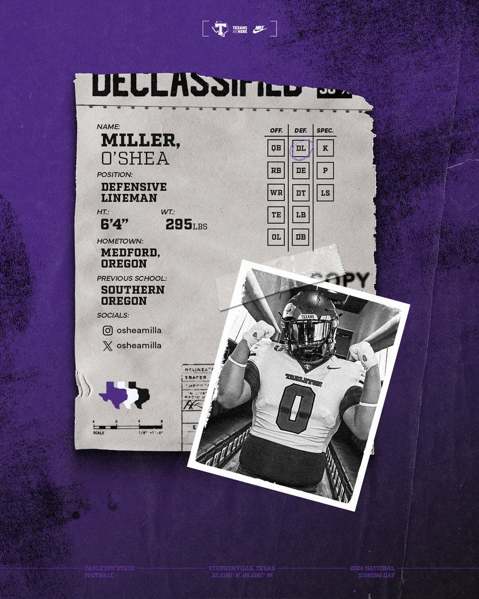 TarletonFB's tweet image. O’Shea Miller played the last four years at Southern Oregon. He appeared in 20 career games, recording 3.5 sacks, seven tackles for loss, two fumble recoveries and 50 total tackles. 

His best season came in 2024, where he had career-bests in sacks (three), tackles for loss…