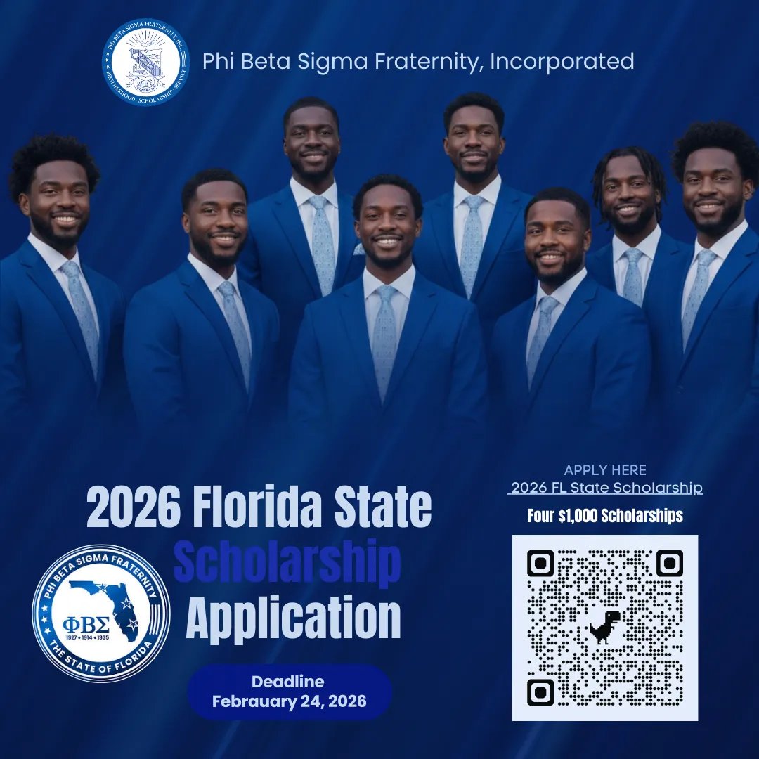 State of Florida Education Department Presents 

2026 Florida State Scholarship Application 

FOUR 💰1000💰 Scholarships!!

Application Link: docs.google.com/forms/d/e/1FAI…

Deadline: FEBRUARY 24, 2026

Fraternally, 
Bro. Kenny Menelas
State Education Director 
Phi Beta Sigma Fraternity