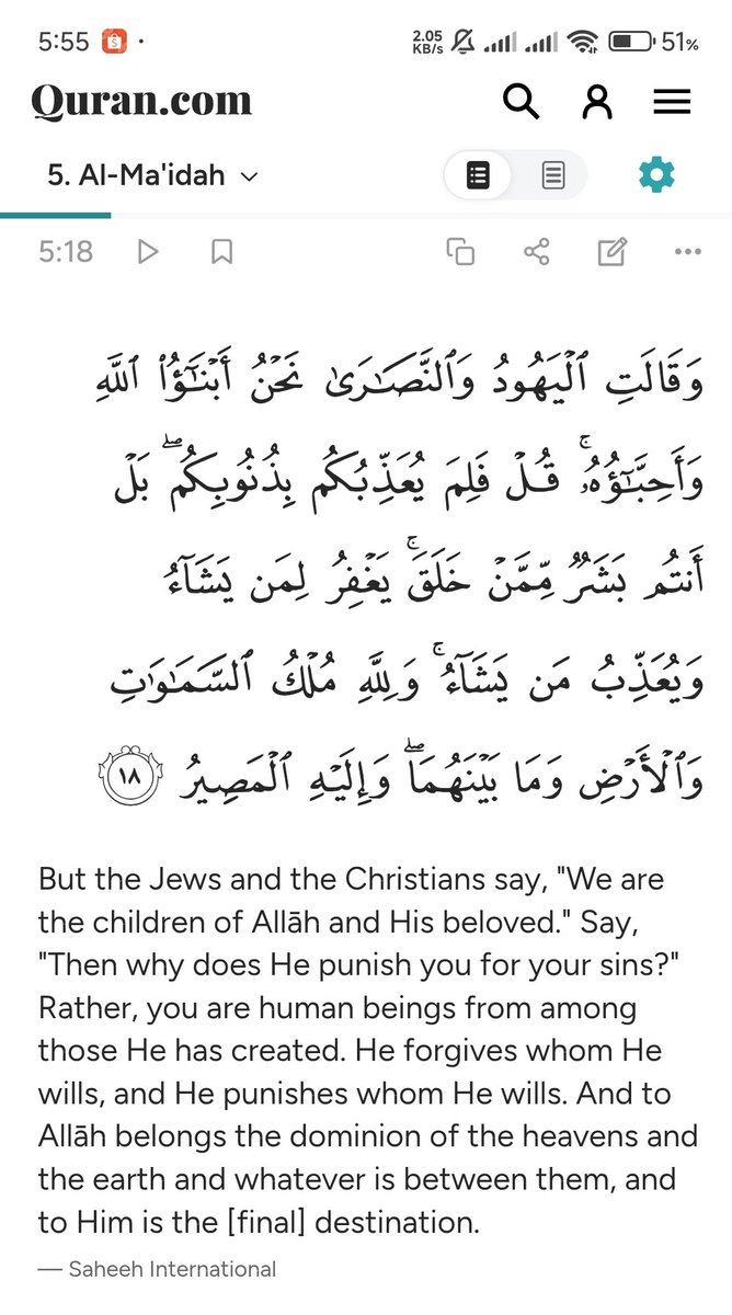 hybrids2022's tweet photo. The Table Spread (5:18) 
But the Jews and the Christians say, "We are the children of Allāh and His beloved." Say, "Then why does He punish you for your sins?" Rather, you are human beings from among those He has created. He forgives whom He wills, and He punishes whom He...... https://t.co/560mCYcEf2