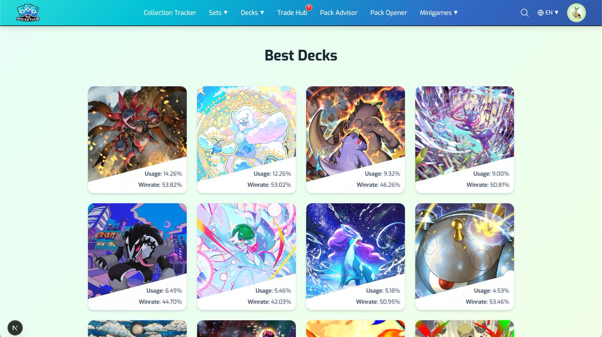 thepockethub's tweet photo. Best Decks redesign in progress 🛠️🔥

Decks will be updated in real time + you’ll see usage % + winrate % for every deck 😮‍💨 

Coming soon 👀 https://t.co/Hh3NEpPHol