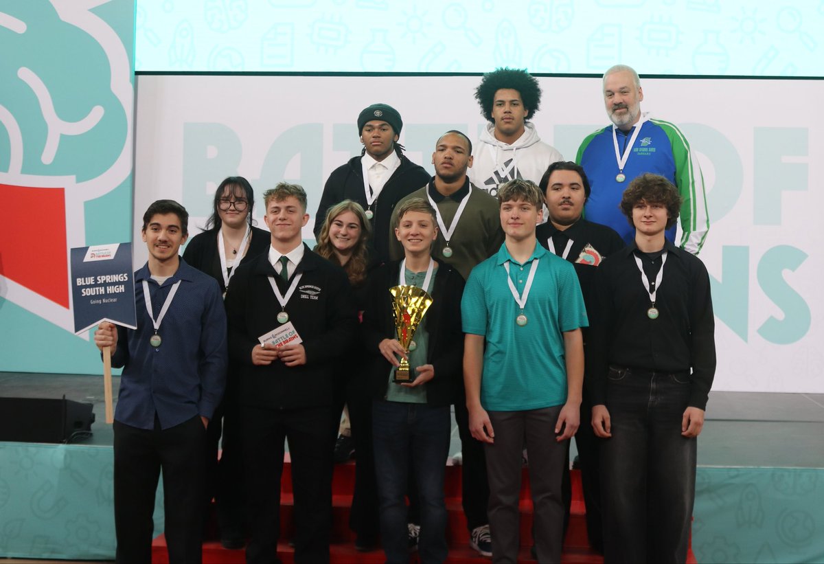 BSSDnews's tweet photo. Congratulations to students from Blue Springs South High School and Brittany Hill Middle School for being selected as Top 20 Finalists in the Burns & McDonnell Battle of the Brains! Both teams were celebrated during the award ceremony at Union Station. 

Mr. Ryan Messick's class from BSSHS submitted a proposal titled "Going Nuclear." The goal of the exhibit is to transform public perception about nuclear energy. 

Mrs. Dana Bower's class from BHMS submitted a proposal titled "Listen hEAR." The project turns curiosity into discovery by amplifying the joy of exploration through the science of sound.

The competition included 710 ideas from schools across the greater Kansas City region. 

#WeAreBSSD