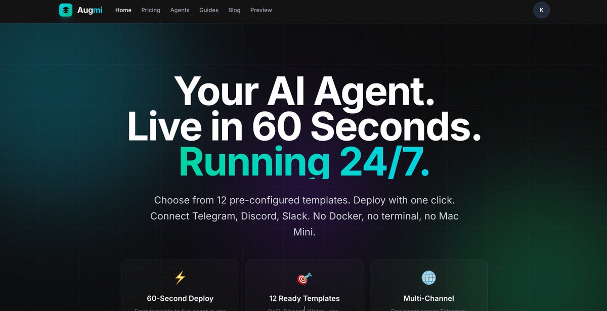 Introducing Augmi.world 

Host your OpenClaw agent in 60 seconds:

✅ One-click deploy
✅ Always on (24/7)
✅ Telegram, Discord, Slack built-in
✅ 12 Predefined Agent Templates
✅ $29/mo (BYOK)

Stop babysitting servers. Start building.