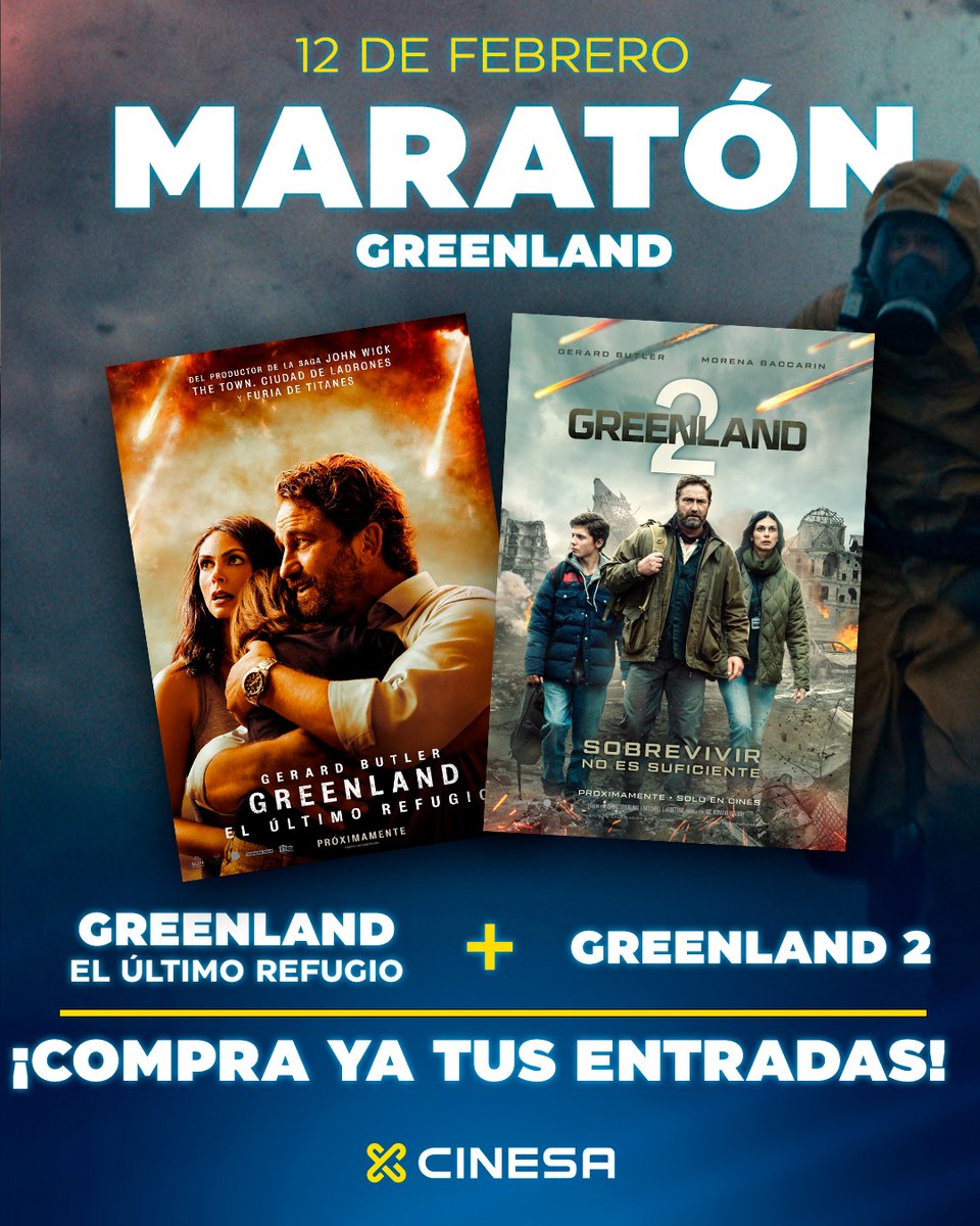 Cinesa's tweet image. Compra ya tus entradas para Greenland 2 🎬ow.ly/OXOG50Y8Hta

💥Además no te pierdas la maratón que vamos hacer con las dos películas de la saga el 12 de febrero: #GreenlandElúltimoRefugio + #Greenlandd2 🎟 👉 ow.ly/I3fk50Y8Ht9