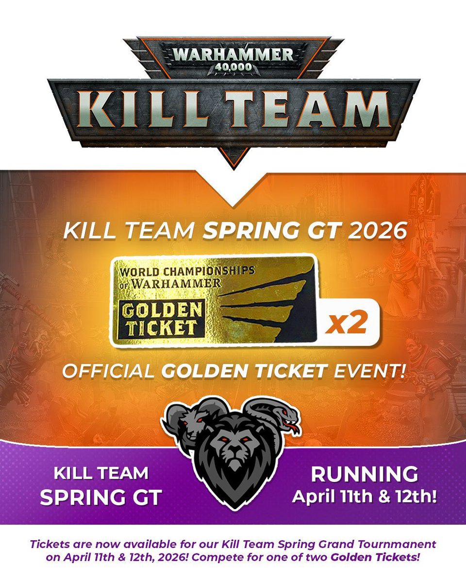 🚨 IT’S OFFICIAL! 🚨
We’ve got TWO Golden Tickets up for grabs at our Kill Team Spring GT this April! 🏆

Spots are limited, lock in your spot now before they’re gone! 

#ChimeraGaming #KillTeamGT #WarhammerGoldenTicket #Warhammer