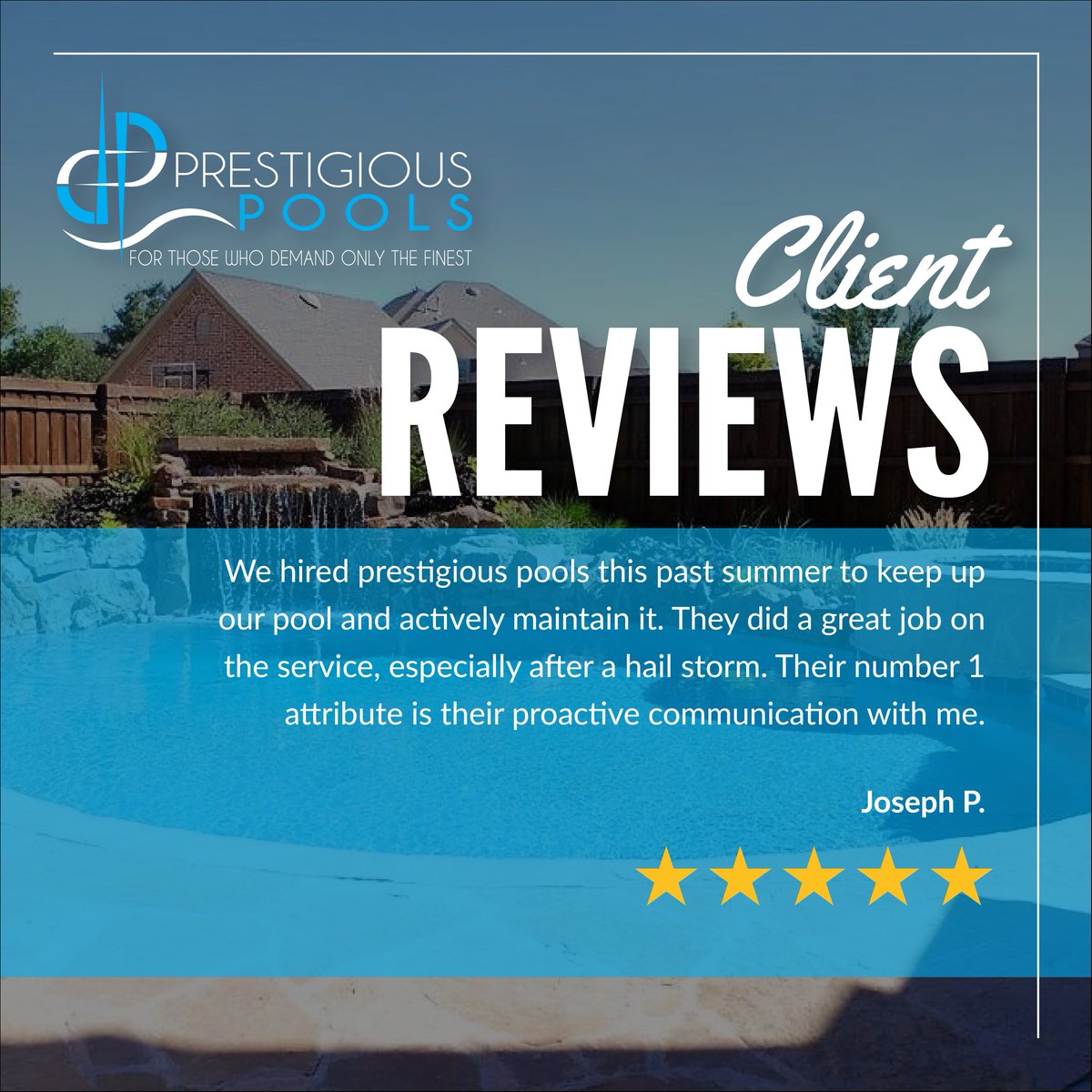 PrestigiousAma's tweet image. Five-star service you can trust ⭐⭐⭐⭐⭐

We love hearing how our proactive communication and reliable service give our clients peace of mind — even after unexpected weather.

Thank you for the review, Joseph!

#PrestigiousPools #FiveStarReview #PoolMaintenance #HappyClients