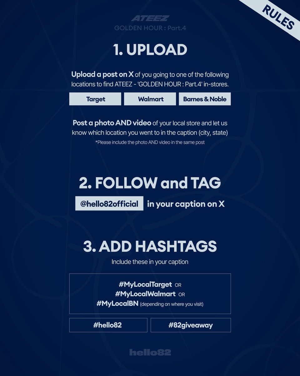 You never know what your local store has in store for you ✨
Enter the #MyLocal giveaway for a chance to win a SIGNED ATEEZ member Polaroid!

Entry Period: 2/6 - 2/12
Winners Selected: 2/16

🔗 ateez.ffm.to/goldenhourpart4

*The event participation is only eligible on X
*Winners will