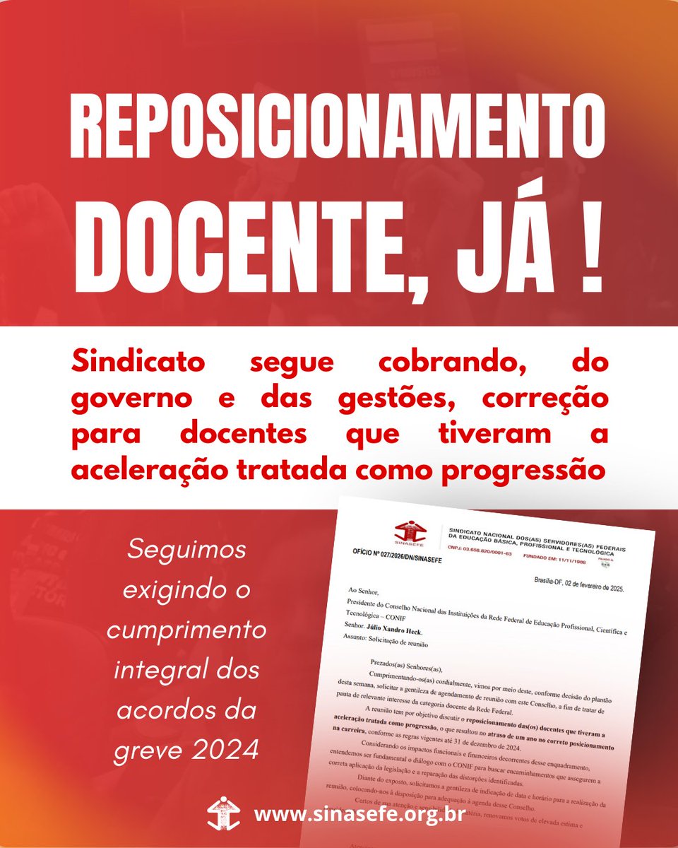 Carreira Docente | O SINASEFE segue na cobrança ostensiva do cumprimento integral dos acordos assinados na Greve de 2024.

Leia mais em nosso portal sobre as demandas do segmento docente: sinasefe.org.br/site/confira-a….